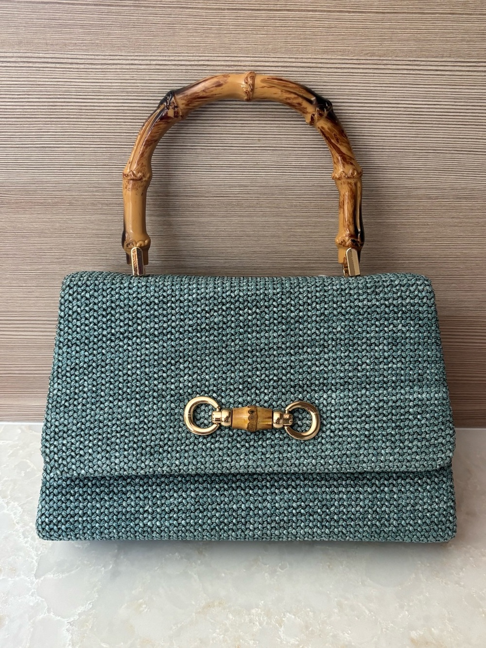 NWT Savannah seafoam blue green Woven Handbag/crossbody w/Bamboo Handle